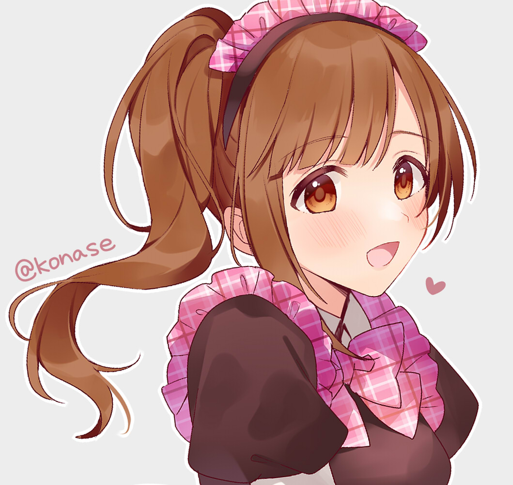 1girl blush bow bowtie breasts brown_eyes brown_hair brown_shirt from_side grey_background headdress heart idolmaster idolmaster_cinderella_girls idolmaster_cinderella_girls_starlight_stage igarashi_kyoko konase_(non_stop!) long_hair looking_at_viewer medium_breasts open_mouth pink_bow pink_bowtie plaid plaid_bow plaid_bowtie portrait shirt short_sleeves side_ponytail simple_background smile solo twitter_username