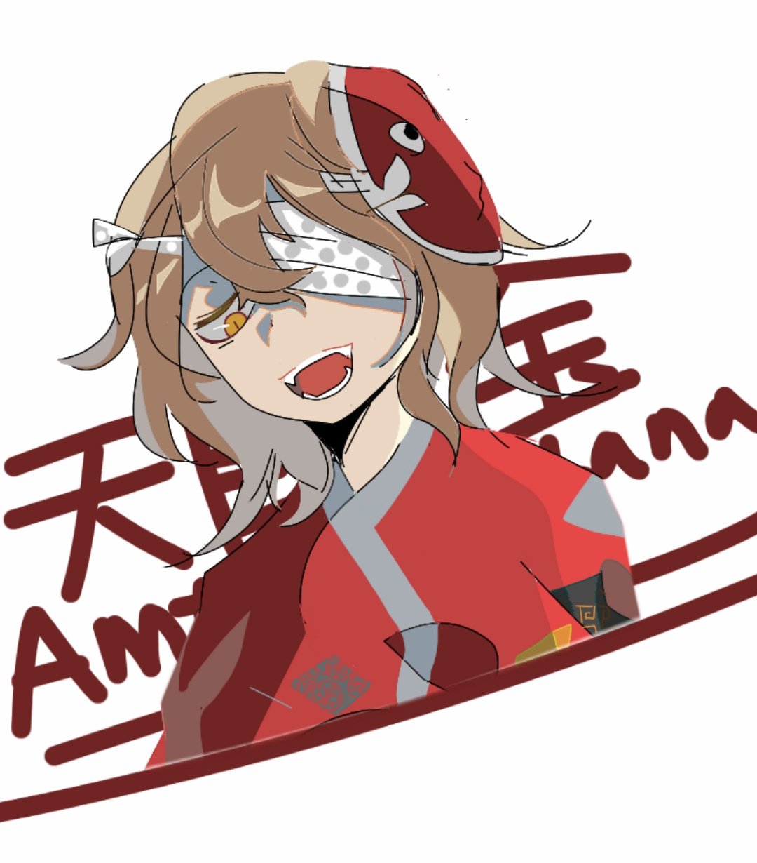 1other ametsukana_yago androgynous bandage_over_one_eye brown_hair character_name cocopalm commentary fangs hair_between_eyes highres japanese_clothes kimono len'en mask mask_on_head medium_hair open_mouth other_focus red_kimono simple_background smile solo translation_request white_background