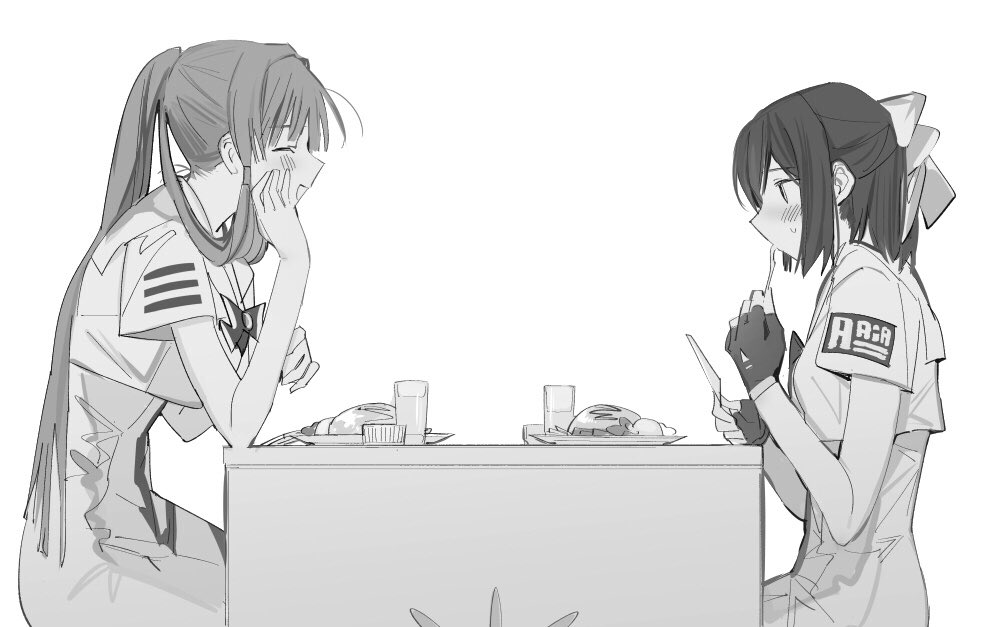 2girls ahoge aino_ai aria_(manga) aria_company_uniform character_request cup cutlery drinking_glass food fork greyscale holding holding_fork holding_knife knife long_hair mizunashi_akari monochrome multiple_girls plate simple_background sitting suiso_(owp) table table_knife