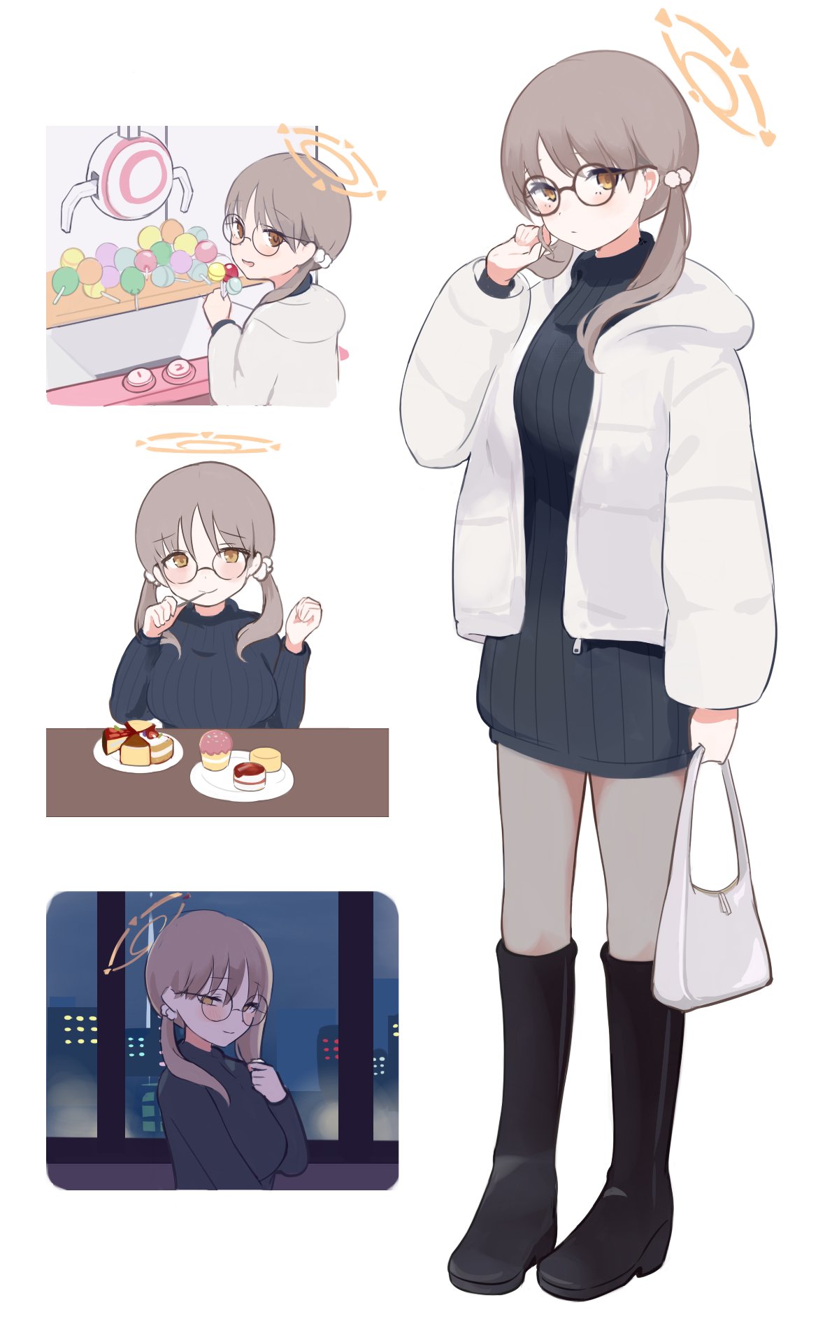 1girl black_footwear black_sweater blue_archive boots brown_eyes brown_hair cake cake_slice candy food glasses halo highres holding holding_candy holding_food jacket long_hair long_sleeves low_twintails moe_(blue_archive) multiple_views onigiri_noe open_clothes open_jacket ribbed_sweater sweater twintails white_jacket yellow_halo