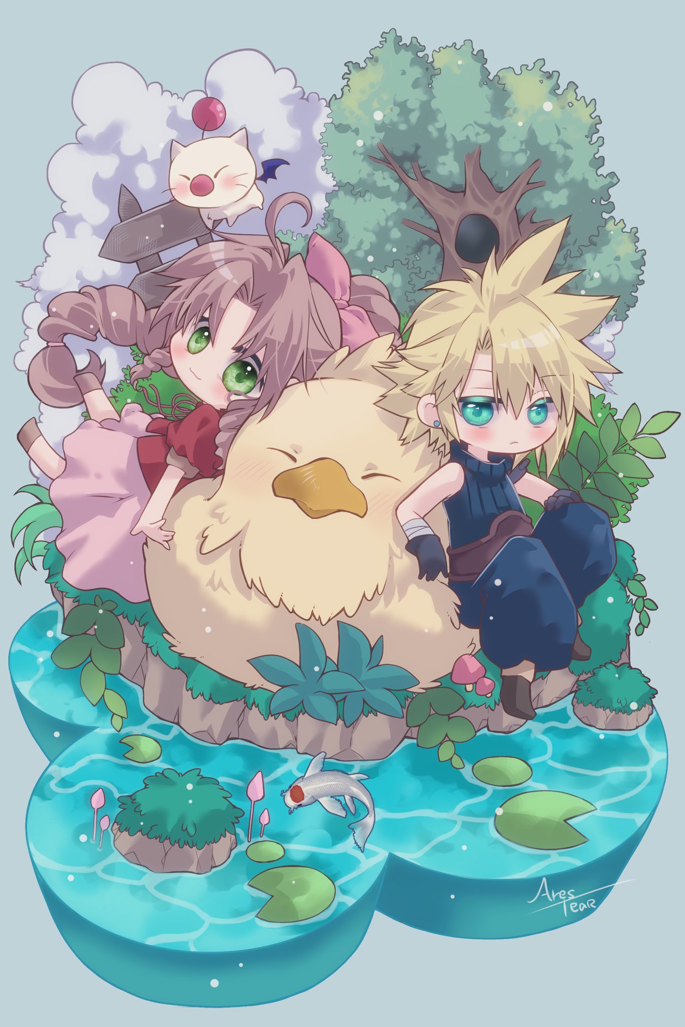 1boy 1girl :3 aerith_gainsborough ahoge aqua_eyes arestear0701 artist_name baggy_pants bandaged_arm bandages belt bird black_footwear black_gloves blonde_hair blue_pants blue_shirt blush braid braided_ponytail brown_belt brown_footwear brown_hair chibi chocobo closed_mouth cloud_strife creature cropped_jacket dress earrings fat_chocobo fence final_fantasy final_fantasy_vii final_fantasy_vii_remake fish full_body gloves green_eyes grey_background hair_between_eyes hair_ribbon hair_tie highres jacket jewelry long_dress long_hair moogle nature outdoors outstretched_arm pants parted_bangs pink_dress pink_ribbon plant puffy_short_sleeves puffy_sleeves red_jacket ribbon shirt short_hair short_sleeves sidelocks single_braid single_earring sitting sleeveless sleeveless_turtleneck spiky_hair tree turtleneck water