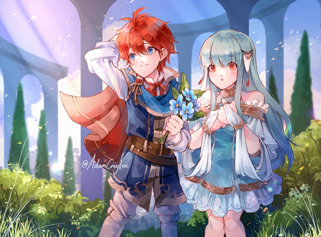 1boy 1girl aged_down alternate_costume arm_behind_back artist_name bare_shoulders blue_eyes blue_flower blush cape creyton dress eliwood_(fire_emblem) fire_emblem fire_emblem:_the_blazing_blade fire_emblem_heroes flower frilled_dress frills holding holding_flower long_hair ninian_(fire_emblem) official_alternate_costume parted_lips red_cape red_eyes redhead white_hair