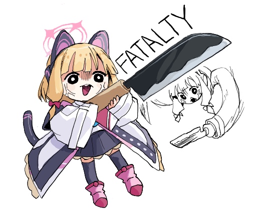 0_0 1girl anger_vein angry animal_ears black_skirt black_thighhighs blonde_hair blue_archive bow cat_ears cat_tail chibi coat english_text engrish_text fake_animal_ears fake_tail furious gbsangou hair_bow halo holding holding_knife huge_weapon knife long_sleeves looking_at_viewer medium_hair momoi_(blue_archive) multiple_views open_mouth pink_bow pink_footwear ranguage sidelocks skirt tail teeth thigh-highs upper_teeth_only weapon white_background white_coat