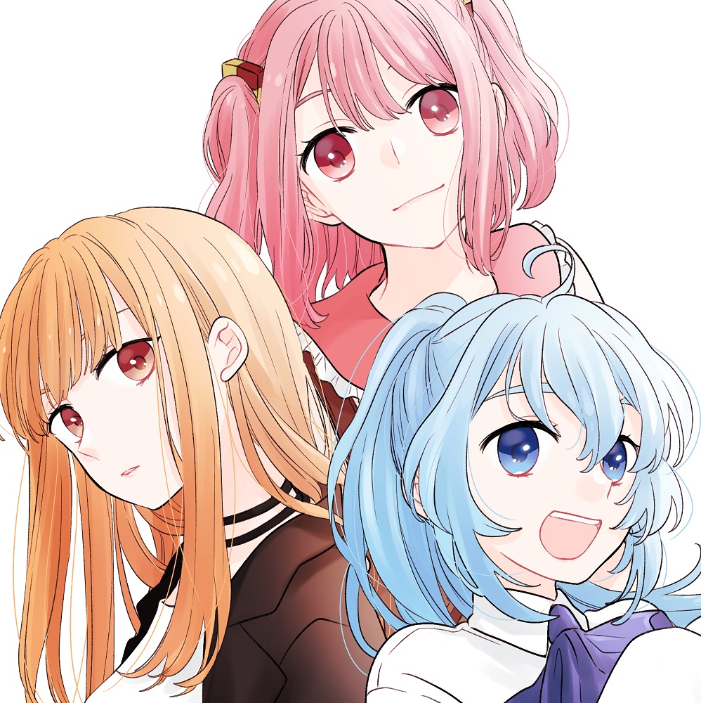 3girls :d ascot black_jacket blonde_hair blue_eyes blue_hair closed_mouth copyright_request eyebrows_hidden_by_hair frilled_sailor_collar frills hair_between_eyes hair_ornament jacket long_hair maru_(memoriatechnica) multiple_girls open_clothes open_jacket parted_lips pink_hair pink_sailor_collar purple_ascot red_eyes sailor_collar shirt simple_background smile teeth two_side_up upper_teeth_only white_background white_shirt