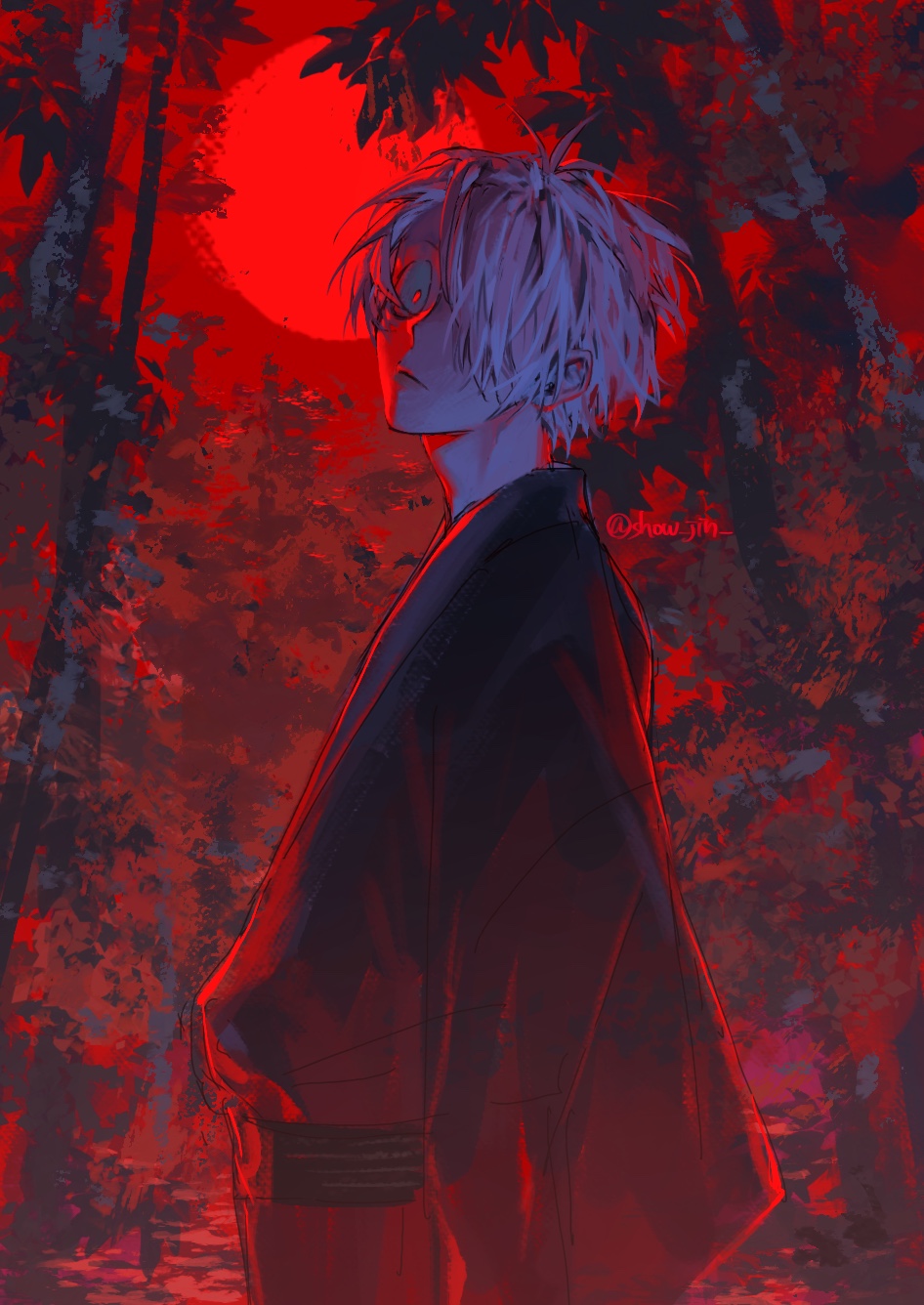 1boy black_kimono closed_mouth forest from_side full_moon gegege_no_kitarou gegerou hair_over_one_eye highres japanese_clothes kimono kino_houki kitarou_tanjou:_gegege_no_nazo long_sleeves looking_at_viewer looking_to_the_side male_focus moon nature night night_sky obi one_eye_covered outdoors red_eyes red_moon red_sky red_theme sash short_hair sky solo twitter_username upper_body white_hair