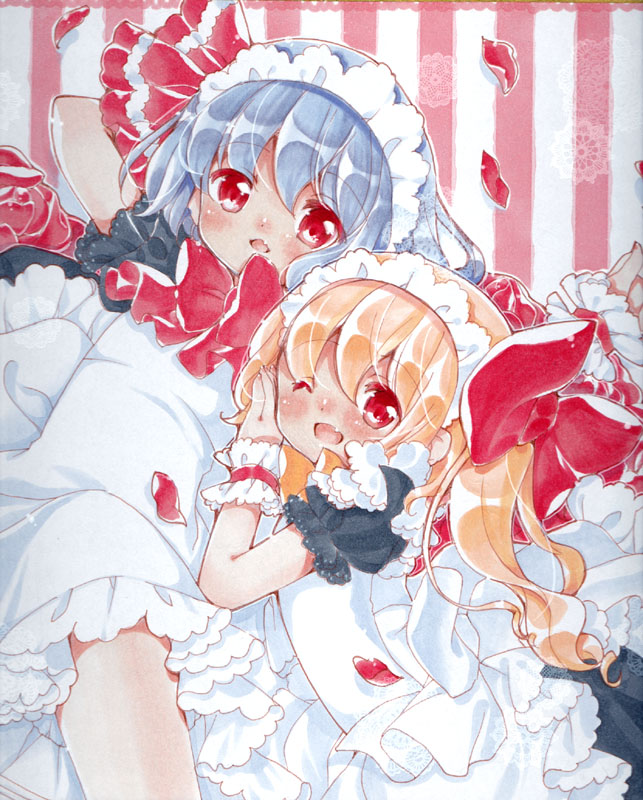 2girls alternate_costume aogiri_sei apron blonde_hair blush bow enmaided fang flandre_scarlet grey_hair hair_between_eyes hair_bow happy large_bow long_hair looking_at_viewer maid maid_apron maid_headdress multiple_girls one_eye_closed open_mouth red_bow red_eyes red_petals remilia_scarlet siblings simple_background sisters striped striped_background touhou wrist_cuffs
