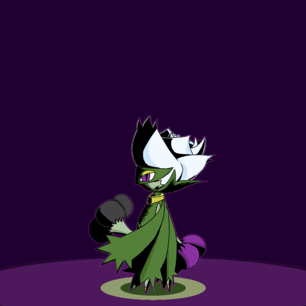 1girl alternate_color arm_at_side black_flower cape colored_skin commentary_request flower free_butterfree from_behind full_body green_cape green_skin hand_up looking_at_viewer looking_back monster_girl multicolored_skin plant_girl pokemon pokemon_(creature) profile purple_background purple_flower purple_outline roserade shiny_pokemon short_hair simple_background solo standing two-tone_skin violet_eyes white_hair