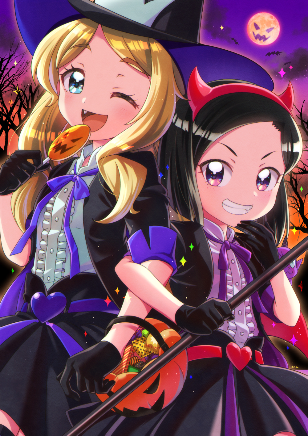 2girls :d asuka_ruu bare_tree belt black_gloves black_hair black_headwear black_jacket black_skirt blonde_hair blue_eyes candy center_opening collared_shirt commentary_request demon_horns fake_horns fang food fudou_devi gloves grin hairband halloween halloween_costume hand_to_own_mouth hand_up hat heart highres hizuki_(hiduki6121) holding holding_candy holding_food holding_lollipop horns jack-o'-lantern jacket kiratto_pri_chan locked_arms lollipop long_hair looking_at_viewer multiple_girls one_eye_closed open_mouth pretty_series purple_belt purple_ribbon purple_sky red_belt red_hairband ribbon shirt short_hair skirt sky smile standing tree violet_eyes witch_hat