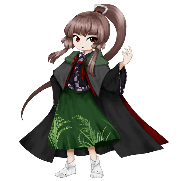 1other androgynous anmita_(rarutos) black_cape black_kimono brown_hair cape full_body green_skirt hair_ornament hand_on_own_hip hand_up japanese_clothes jynx_(style) kimono len'en long_hair long_sleeves other_focus parted_lips personification ponytail red_eyes skirt socks solo tasouken variant_set white_socks