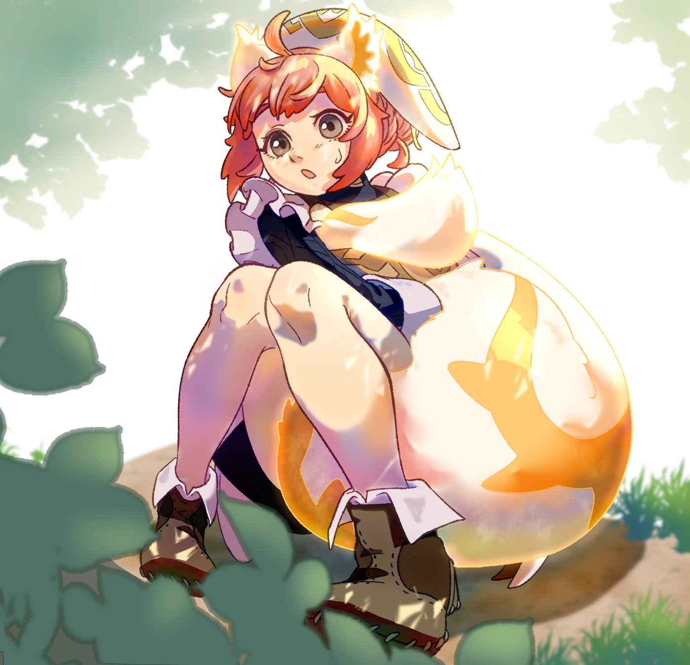 animal_ears ankle_boots boots cowlick fire_emblem fire_emblem_heroes glowing_ears glowing_tail grabbing_own_tail grey_eyes highres hugging_own_tail hugging_tail maid_headdress ratatoskr_(fire_emblem) squirrel_ears squirrel_girl squirrel_tail tail uh_ahk