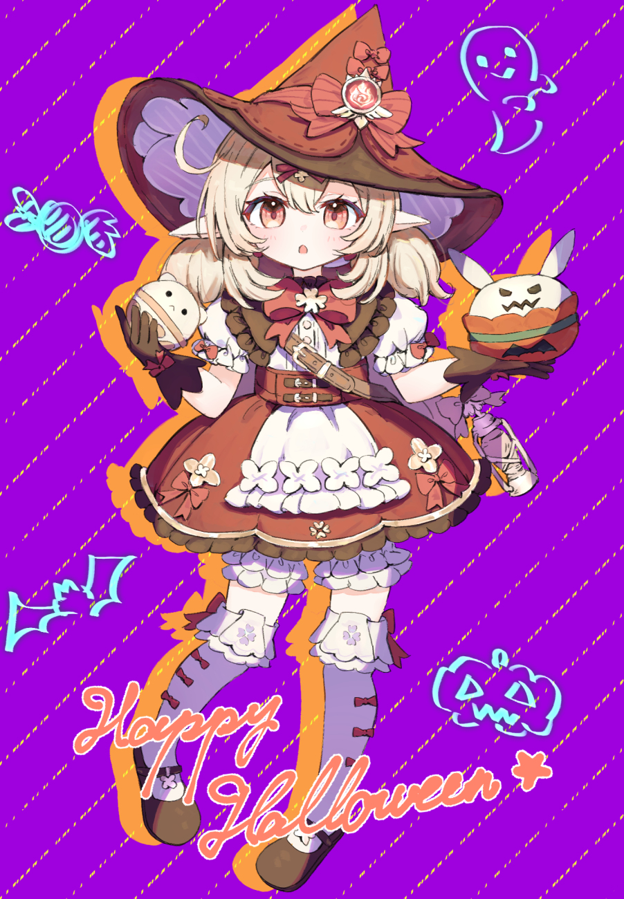 1girl blonde_hair bloomers bomb brown_eyes english_text explosive full_body genshin_impact hair_between_eyes hair_ornament halloween hat highres klee_(genshin_impact) lamp looking_at_viewer low_twintails medium_hair open_mouth pointy_ears ribbon sateto_(user_knrf2332) short_twintails simple_background standing thigh-highs twintails white_bloomers witch_hat