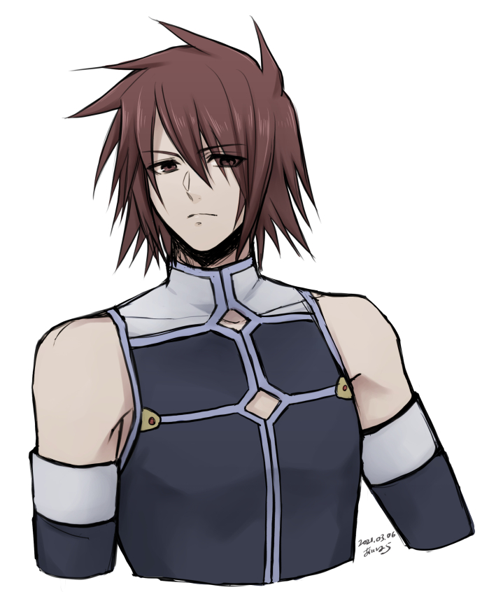 1boy bare_shoulders blue_shirt brown_eyes brown_hair cleavage_cutout clothing_cutout cropped_torso dated detached_sleeves high_collar hiryuu_(kana_h) kratos_aurion light_frown looking_to_the_side male_focus shirt short_hair signature simple_background solo spiky_hair tales_of_(series) tales_of_symphonia upper_body white_background