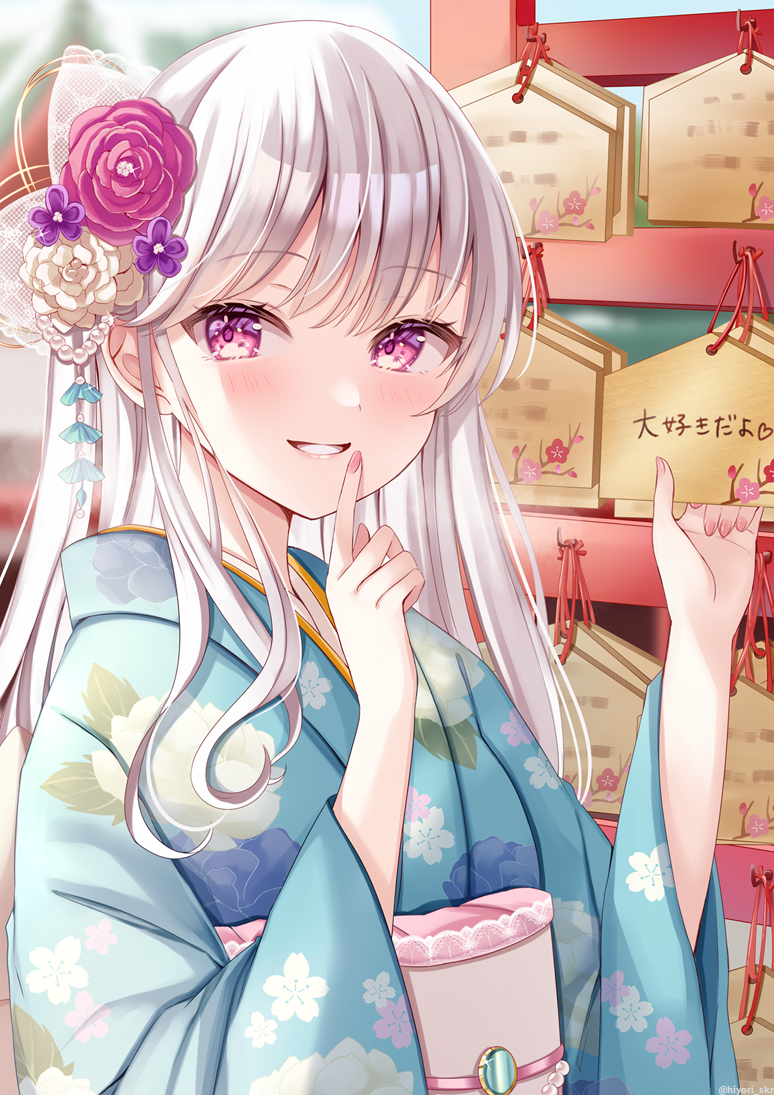1girl blue_kimono blurry blurry_background commentary_request depth_of_field ema floral_print flower grey_hair hair_flower hair_ornament japanese_clothes kimono long_hair long_sleeves looking_at_viewer nail_polish new_year obi original pink_nails print_kimono purple_flower red_flower sakura_hiyori sash smile solo translation_request upper_body violet_eyes white_flower wide_sleeves