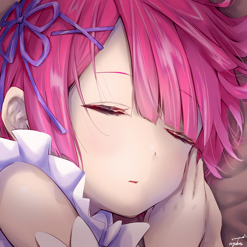 closed_eyes colored_eyelashes commentary_request detached_sleeves dress flower_knot frilled_dress frills hair_ornament lying maid messy_hair on_bed on_side open_mouth own_hands_together pink_hair purple_ribbon ram_(re:zero) re:zero_kara_hajimeru_isekai_seikatsu ribbon roswaal_mansion_maid_uniform short_hair sleeping tarunyan watermark x_hair_ornament