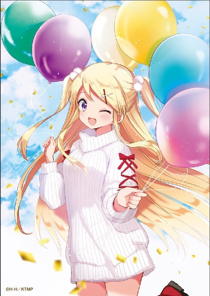 1girl :d balloon blonde_hair bow clouds cloudy_sky commentary_request confetti day floating_hair hair_between_eyes hair_ornament hairclip hands_up hara_yui holding holding_balloon kin-iro_mosaic kujou_karen light_blush long_hair long_sleeves merchandise_available naked_shirt official_art one_eye_closed open_mouth outdoors pinstripe_sweater pom_pom_(clothes) pom_pom_hair_ornament red_bow red_footwear red_ribbon ribbed_sweater ribbon ribbon-trimmed_sleeves ribbon_trim second-party_source shirt sky smile solo sweater turtleneck two_side_up very_long_hair violet_eyes white_sweater x_hair_ornament