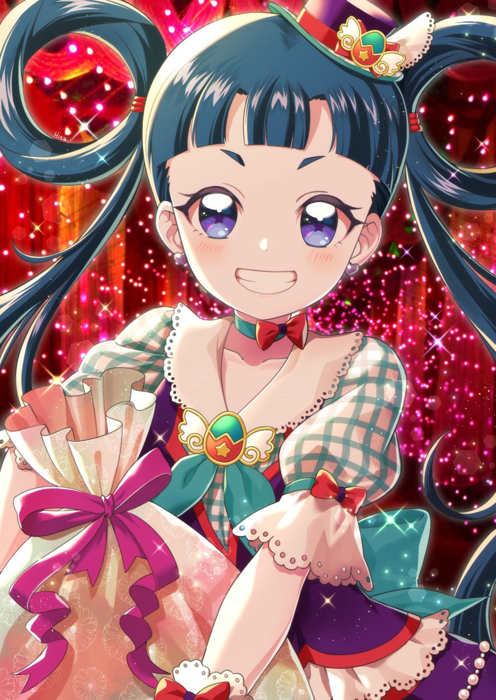 1girl blue_hair blunt_bangs bow choker christmas collared_dress commentary_request dress earrings flower frilled_sleeves frills green_choker grin hair_rings hat heart heart_earrings highres hizuki_(hiduki6121) holding holding_sack jewelry kiratto_pri_chan long_hair looking_at_viewer melpan_(pri_chan) mini_hat open_mouth pink_flower pink_rose pretty_series puffy_short_sleeves puffy_sleeves red_background red_bow rose sack short_sleeves smile solo star-shaped_pupils star_(symbol) symbol-shaped_pupils violet_eyes