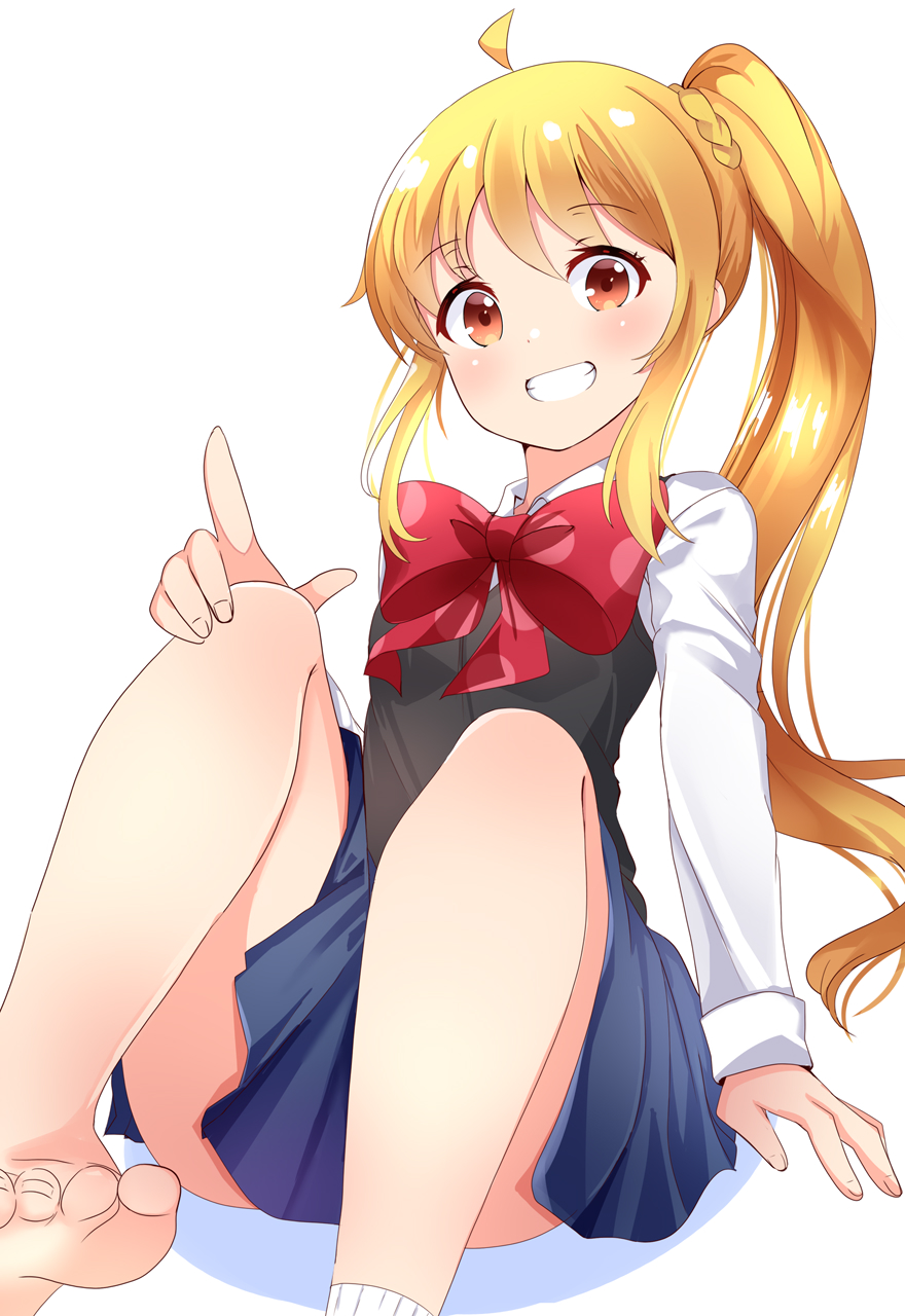 1girl ahoge arm_at_side aru_(arudes) barefoot black_vest blue_skirt blush bocchi_the_rock! bow brown_eyes commentary_request eyelashes eyes_visible_through_hair feet foot_out_of_frame grin hair_between_eyes hand_on_own_knee happy highres ijichi_nijika index_finger_raised knees_up long_hair long_sleeves looking_at_viewer miniskirt polka_dot polka_dot_bow red_bow shirt side_ponytail simple_background sitting skirt smile solo toes very_long_hair vest white_background white_shirt