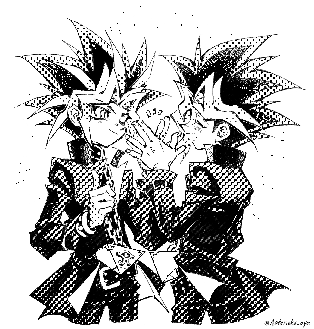 2boys asterisks_aya belt chain_necklace closed_eyes cowboy_shot greyscale halftone jacket jewelry looking_at_another monochrome multiple_boys necklace open_mouth pants smile spiky_hair white_background yami_yuugi yu-gi-oh!