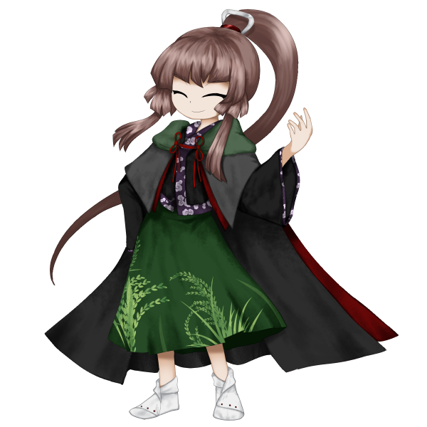 1other androgynous anmita_(rarutos) black_cape black_kimono brown_hair cape closed_eyes closed_mouth full_body green_skirt hair_ornament hand_on_own_hip hand_up japanese_clothes jynx_(style) kimono len'en long_hair long_sleeves other_focus personification ponytail skirt smile socks solo tasouken variant_set white_socks