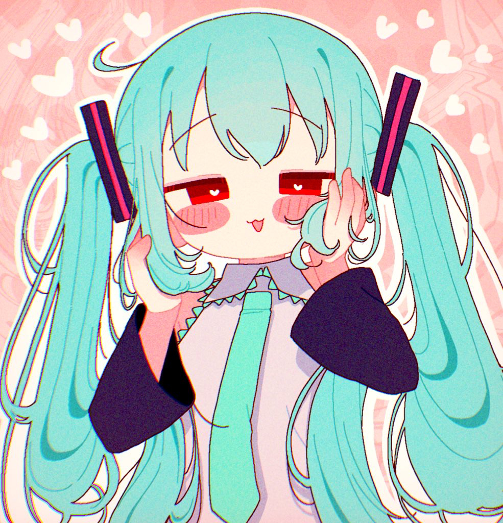 1girl :3 alternate_eye_color aqua_hair banananosongen detached_sleeves grey_shirt hand_in_own_hair hand_on_own_cheek hand_on_own_face hatsune_miku heart heart-shaped_pupils heart_background long_hair necktie pink_background red_eyes shirt solo symbol-shaped_pupils twintails very_long_hair vocaloid