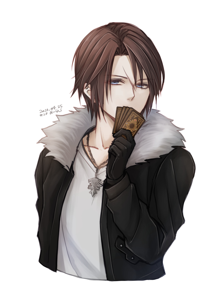 1boy black_gloves black_jacket blue_eyes brown_hair card covering_mouth cropped_torso dated final_fantasy final_fantasy_viii fur-trimmed_jacket fur_trim gloves hand_up hiryuu_(kana_h) holding holding_card jacket looking_to_the_side male_focus open_clothes open_jacket scar scar_on_face shirt short_hair signature simple_background solo squall_leonhart trading_card upper_body v-neck white_background white_shirt