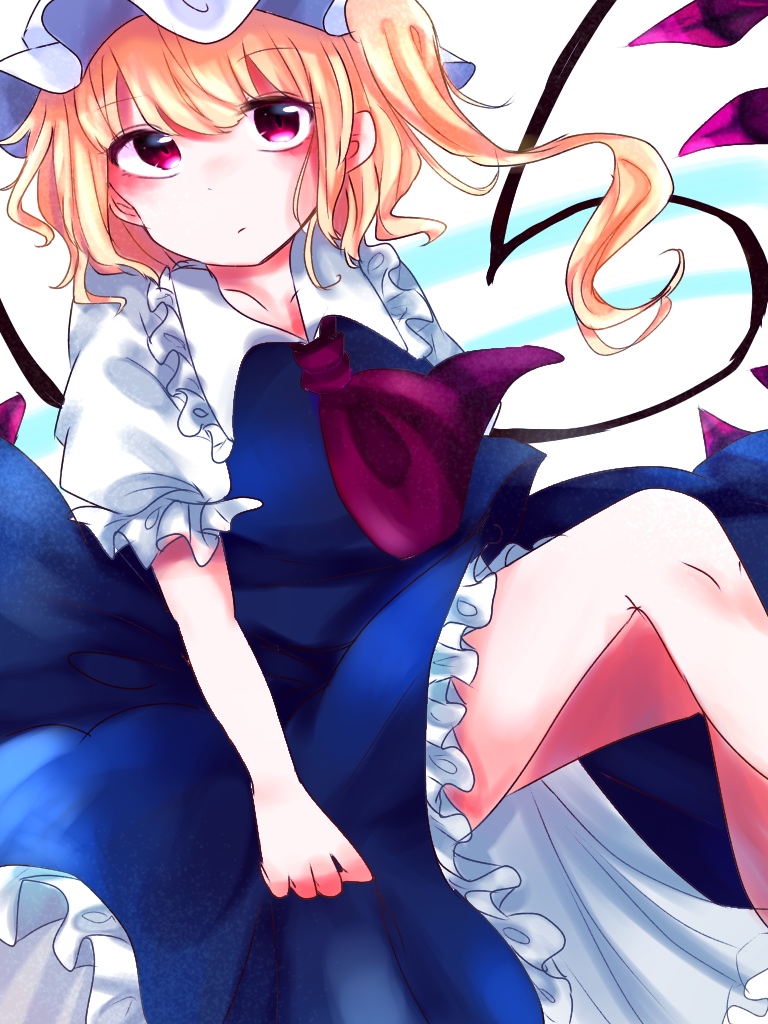 1girl alternate_color ascot bare_legs blonde_hair blue_skirt blue_vest closed_mouth collarbone collared_shirt dot_mouth dot_nose feet_out_of_frame flandre_scarlet frilled_shirt_collar frilled_skirt frilled_sleeves frills hat kuromame1025 looking_at_viewer medium_hair mob_cap one_side_up puffy_short_sleeves puffy_sleeves purple_ascot red_eyes shirt short_sleeves simple_background skirt skirt_set solo touhou vest white_background white_shirt wings