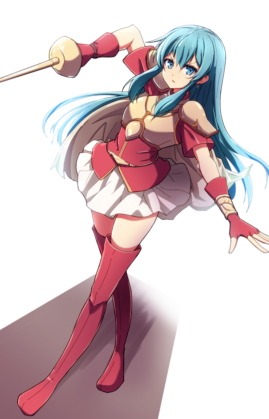 1girl aqua_eyes aqua_hair armor boots bracelet breastplate earrings eirika_(fire_emblem) fingerless_gloves fire_emblem fire_emblem:_the_sacred_stones full_body gloves hair_between_eyes highres holding holding_sword holding_weapon jewelry long_hair looking_at_viewer minamonochaba parted_lips red_footwear red_gloves red_shirt shirt shoulder_armor sidelocks skirt solo sword thigh_boots weapon white_background white_skirt