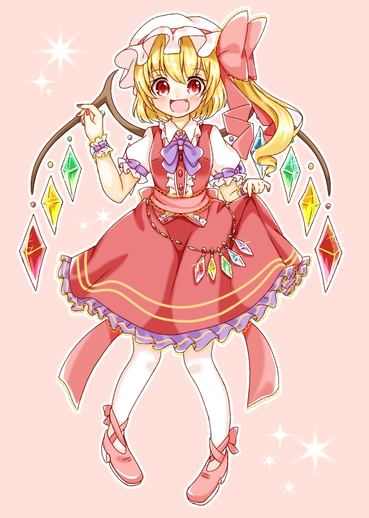 1girl adapted_costume back_bow blonde_hair blush bow bowtie breasts collared_shirt crystal fang flandre_scarlet frilled_shirt_collar frilled_skirt frilled_sleeves frills full_body hair_bow happy hat hat_ribbon jewelry large_bow looking_at_viewer medium_hair mob_cap multicolored_wings natsune_ilasuto one_side_up open_mouth pigeon-toed pink_background puffy_short_sleeves puffy_sleeves purple_bow purple_bowtie rainbow_order red_bow red_eyes red_footwear red_ribbon red_skirt red_vest ribbon shirt short_sleeves simple_background skirt skirt_hold skirt_set small_breasts smile solo touhou vest white_headwear white_shirt wings wrist_cuffs