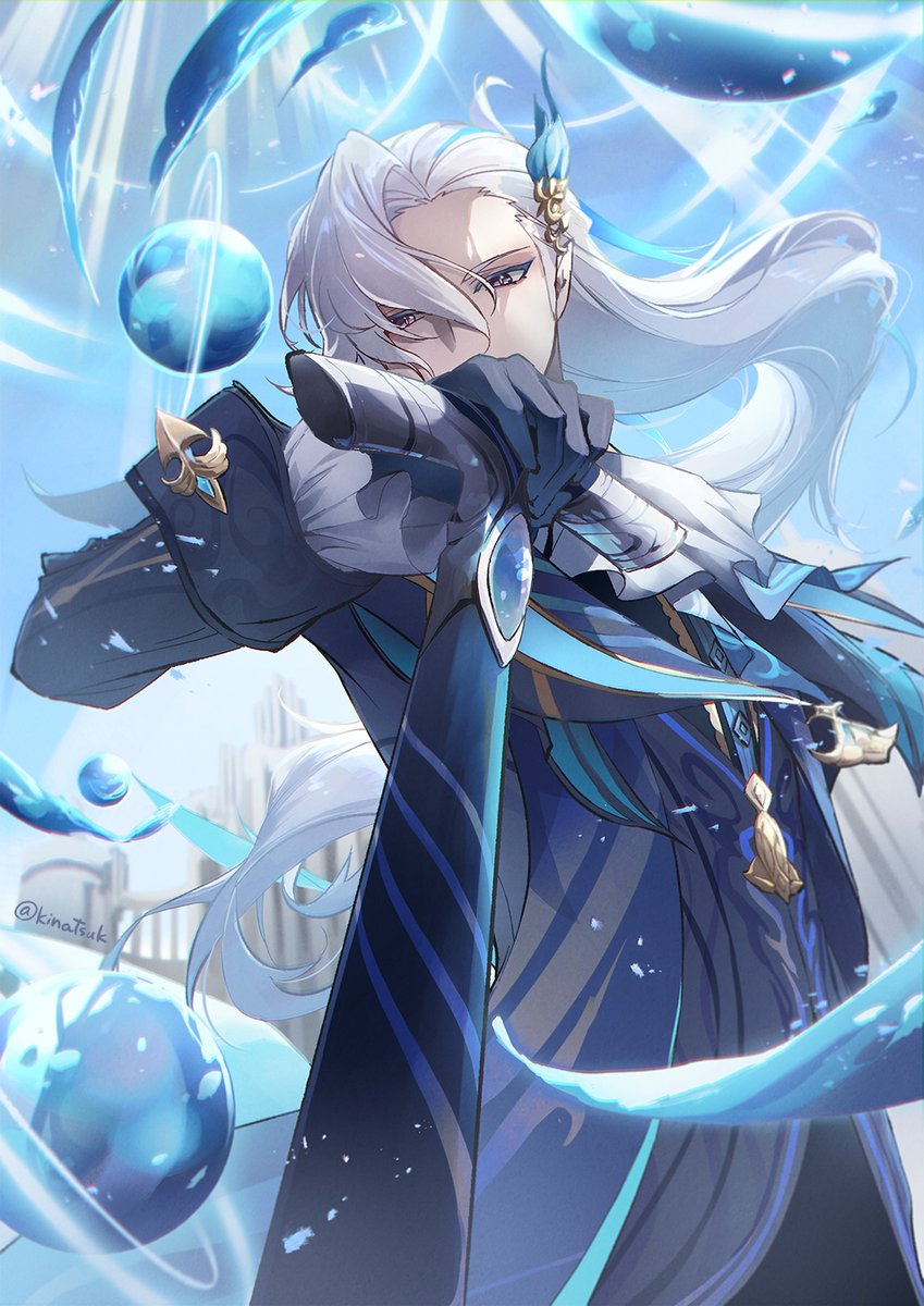 1boy artist_name black_gloves blue_jacket blue_sky cane cowboy_shot feather_hair_ornament feathers genshin_impact gloves hair_ornament highres holding holding_cane jacket kinatsu_k long_hair looking_at_viewer male_focus neuvillette_(genshin_impact) outdoors pointy_ears sky solo violet_eyes white_hair