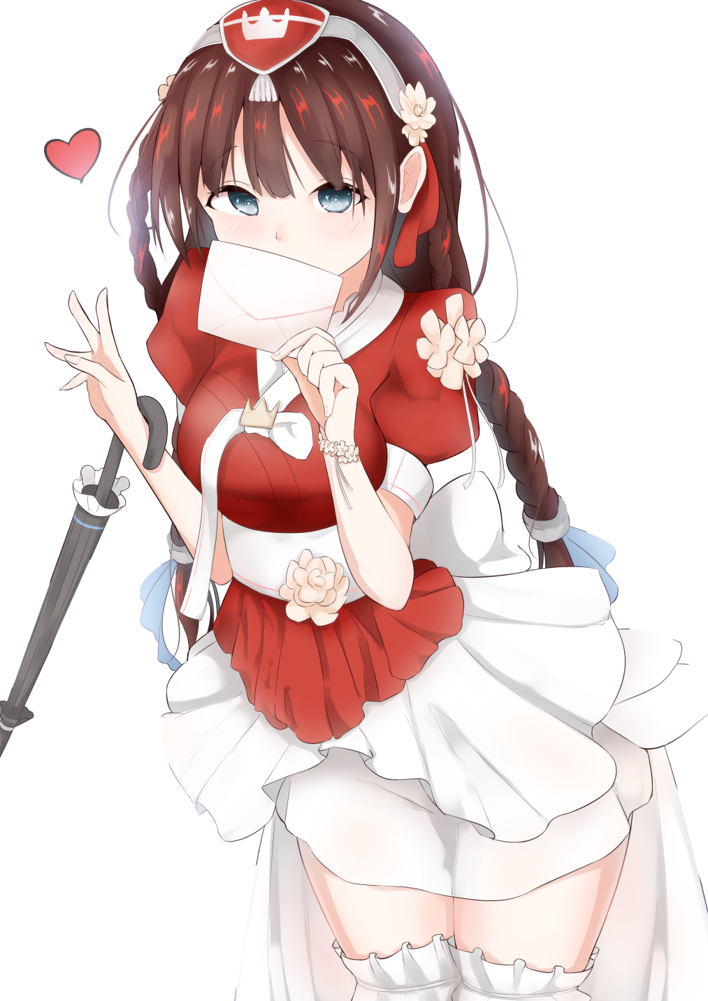 azur_lane brown_hair flower flower_ornament green_eyes hair_flower hair_ornament highres holding holding_letter korean_clothes letter light_blush long_hair looking_at_viewer newcastle_(azur_lane) newcastle_(hibiscus_garments)_(azur_lane) nossan_(mr._riding) ponytail thigh-highs umbrella white_thighhighs
