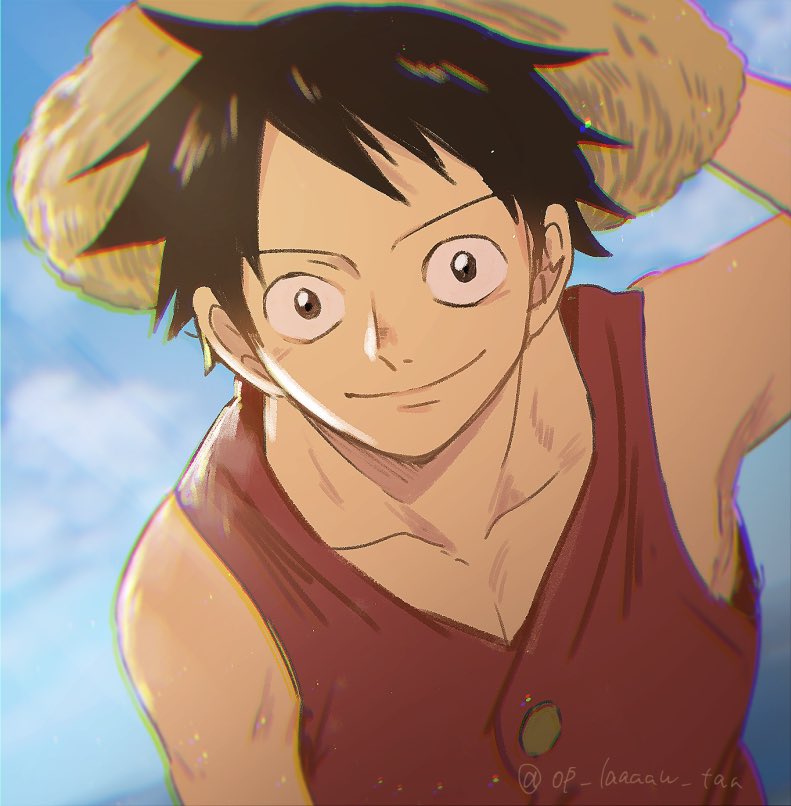1boy bad_id bad_twitter_id black_hair blue_sky buttons close-up commentary commentary_request hand_on_headwear hat looking_at_viewer male_focus monkey_d._luffy namagomi_(op_laaaaw_tan) one_piece red_shirt shirt short_hair sky sleeveless sleeveless_shirt smile solo spiky_hair straw_hat upper_body