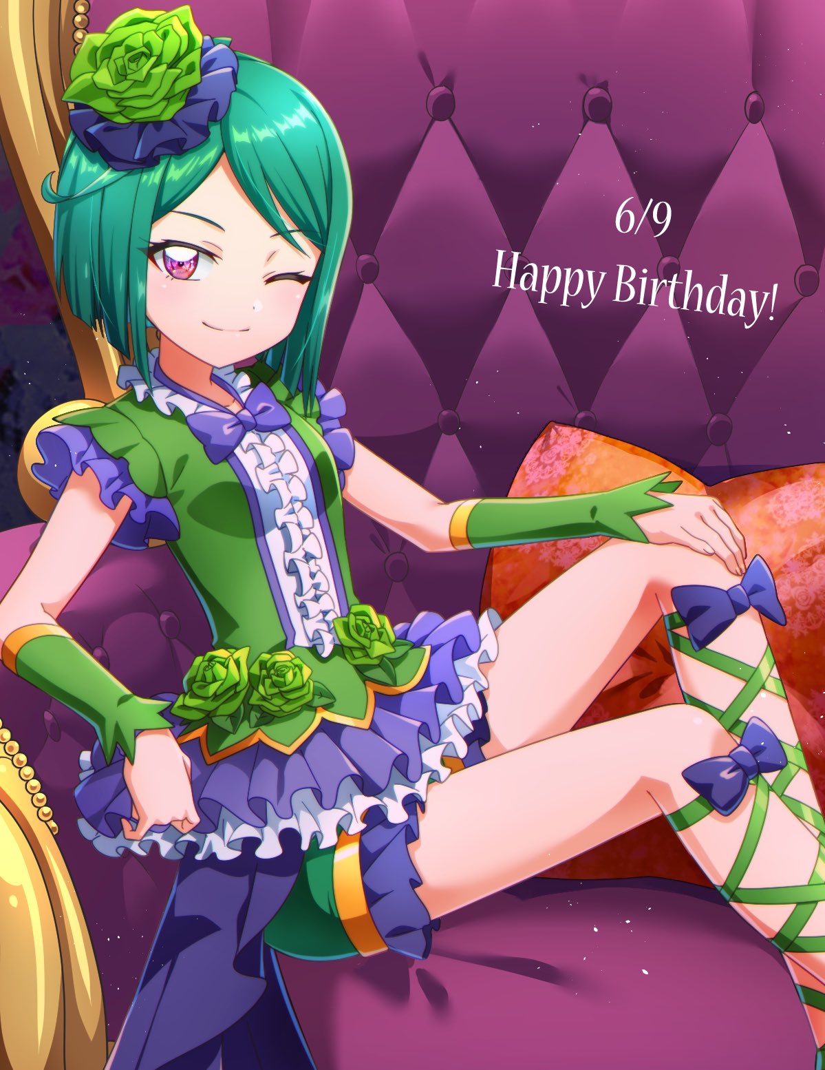 1girl center_frills closed_mouth commentary_request detached_sleeves flower frilled_shirt frills green_flower green_hair green_rose green_shirt green_shorts hair_flower hair_ornament happy_birthday highres hizuki_(hiduki6121) kiratto_pri_chan looking_at_viewer midorikawa_sara on_chair one_eye_closed pillow pink_eyes pretty_series rose shirt short_hair shorts sitting smile solo throne
