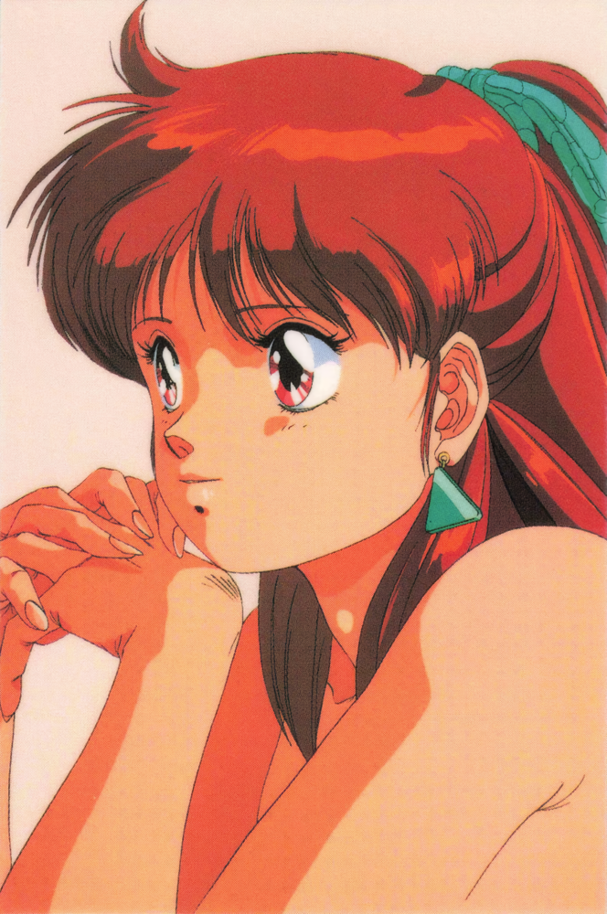1990s_(style) 1girl anice_farm bare_shoulders chouon_senshi_borgman close-up earrings expressionless interlocked_fingers jewelry long_hair non-web_source official_art own_hands_together pink_background portrait red_eyes redhead retro_artstyle scan simple_background solo
