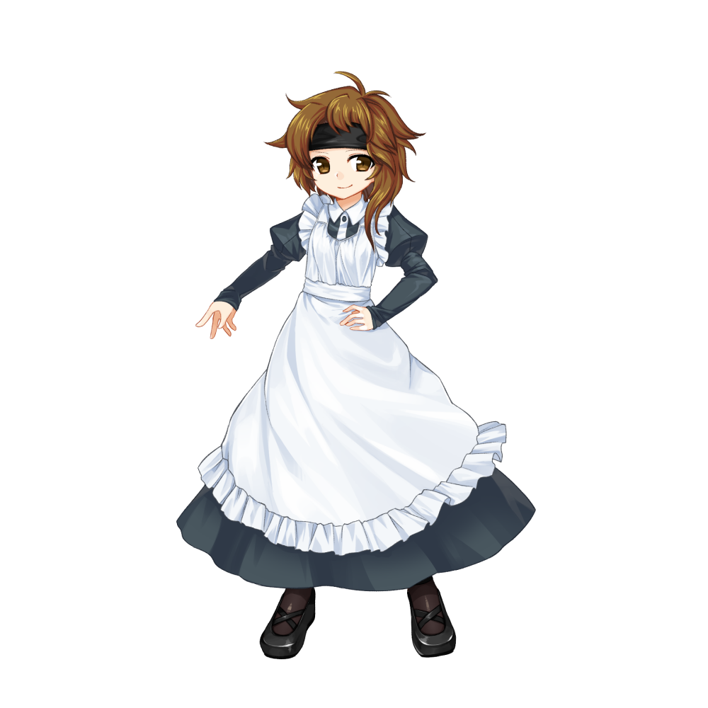 1other alternate_costume androgynous anmita_(rarutos) apron black_dress black_footwear brown_eyes brown_hair brown_socks closed_mouth commentary_request dress enmaided frilled_apron frills full_body hand_on_own_hip juliet_sleeves kurohebi len'en long_sleeves maid maid_apron medium_hair other_focus puffy_sleeves smile socks solo tachi-e white_apron