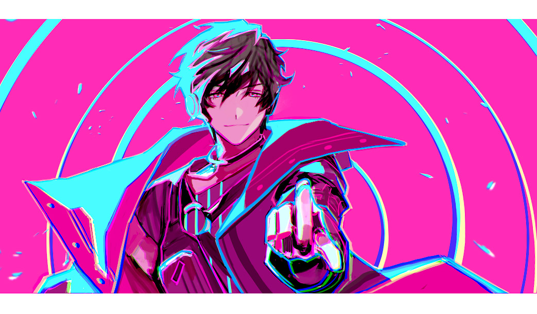 1boy black_hair black_shirt coat commentary faith_beams fingerless_gloves gloves headphones helios_rising_heroes jacket jewelry limited_palette looking_at_viewer multicolored_background necklace open_clothes open_jacket pink_background pink_eyes pink_headphones pointing pointing_at_viewer shirt short_hair short_sleeves smile snapping_fingers symbol-only_commentary yarr