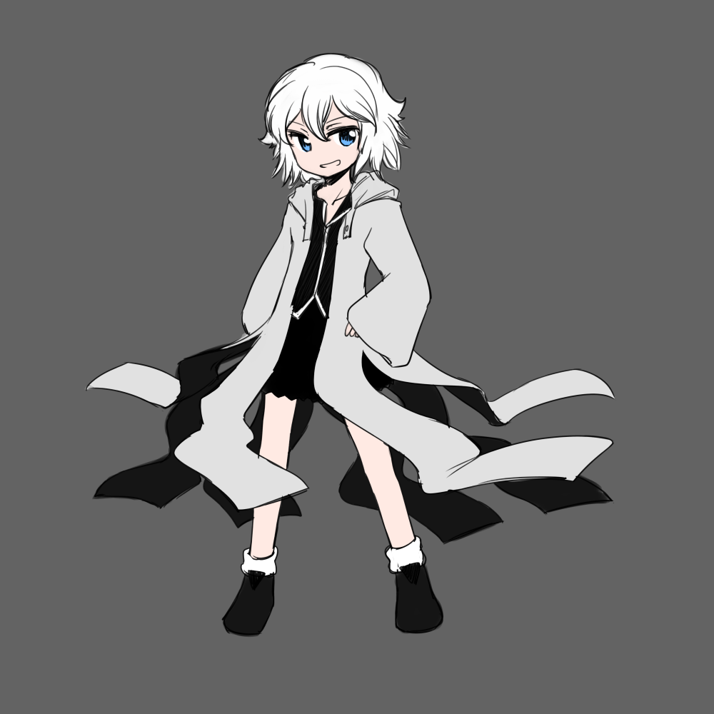 1other androgynous anmita_(rarutos) black_shirt black_skirt blue_eyes coat commentary_request full_body grey_background grey_coat hood hood_down hooded_coat len'en long_sleeves miniskirt open_clothes open_coat open_mouth original other_focus shirt shitodo_hoojiro shitodo_hoojiro_(anmita) short_hair simple_background sketch skirt sleeves_past_wrists smile socks solo white_hair white_socks