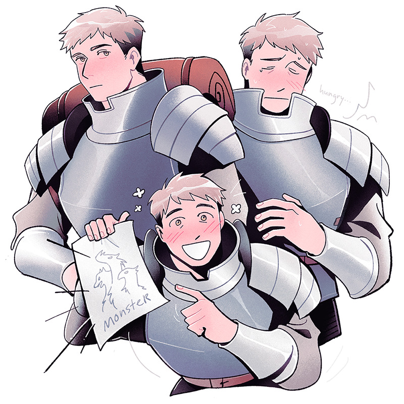 1boy :d armor belt blonde_hair blush bracer breastplate brown_belt chimera drawing_(object) dungeon_meshi english_text excited frown laios_thorden muisketeer pauldrons plate_armor pointing shoulder_armor sleeping_bag smile sweat upper_body white_background yellow_eyes