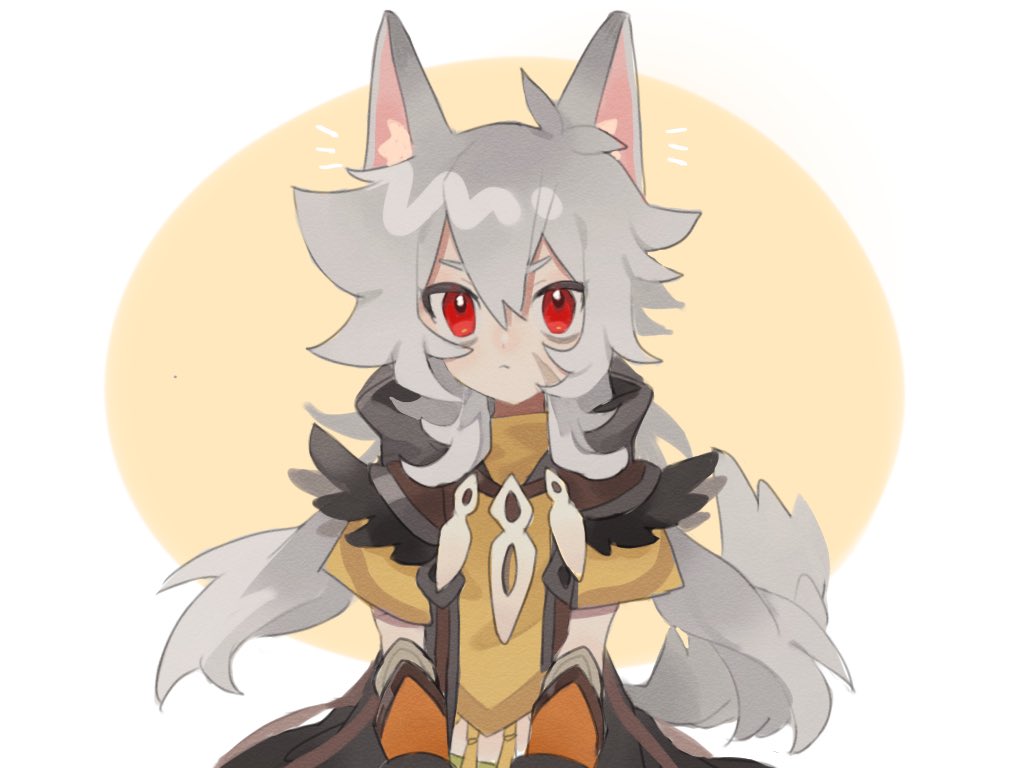 1boy animal_ears cheese_dakke closed_mouth genshin_impact gloves grey_hair hair_between_eyes long_hair looking_at_viewer male_focus orange_gloves razor_(genshin_impact) red_eyes scar scar_on_cheek scar_on_face simple_background solo tail two-tone_background wolf_boy wolf_ears wolf_tail