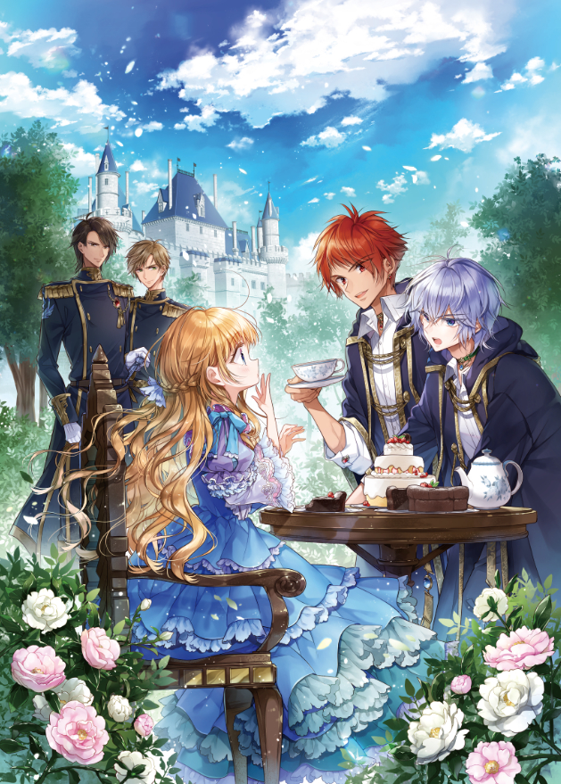 1girl 4boys :d antenna_hair armchair belt black_coat black_eyes black_hair black_pants blonde_hair blue_dress blue_eyes blue_ribbon braid brooch brown_belt brown_hair bush buttons cake cake_slice castle chair chocolate_cake choppy_bangs clenched_hand closed_mouth clouds coat collared_shirt cover cover_page cowlick cup day double-breasted dress epaulettes eye_contact falling_leaves feet_out_of_frame flower food french_braid frilled_sleeves frills from_side fruit gloves gold_trim gown green_eyes hair_between_eyes hair_ribbon hand_on_hilt hand_to_own_mouth holding holding_saucer hood hood_down hooded_coat jewelry layer_cake layered_dress layered_sleeves leaf long_hair long_sleeves looking_at_another multiple_boys novel_cover official_art open_clothes open_coat open_collar open_mouth outdoors pants pendant_choker peony_(flower) pink_flower profile puff_and_slash_sleeves puffy_sleeves purple_hair red_eyes redhead ribbon saucer shirt short_hair short_over_long_sleeves short_sleeves sleeve_cuffs sleeve_ribbon sleeves_rolled_up smile strawberry surprised swept_bangs table tassel teacup teapot tensei_oujo_wa_kyou_mo_furagu_o_tatakioru tree uniform v-shaped_eyebrows wavy_hair white_flower white_gloves white_shirt yukiko_(tesseract)