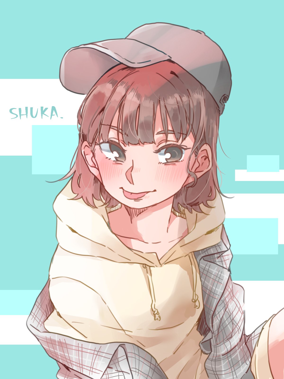 1girl baseball_cap blush brown_hair character_name collarbone commentary_request grey_headwear hat highres hood hood_down hoodie kashikaze looking_at_viewer medium_hair off_shoulder real_life saitou_shuka solo tongue tongue_out upper_body voice_actor white_hoodie