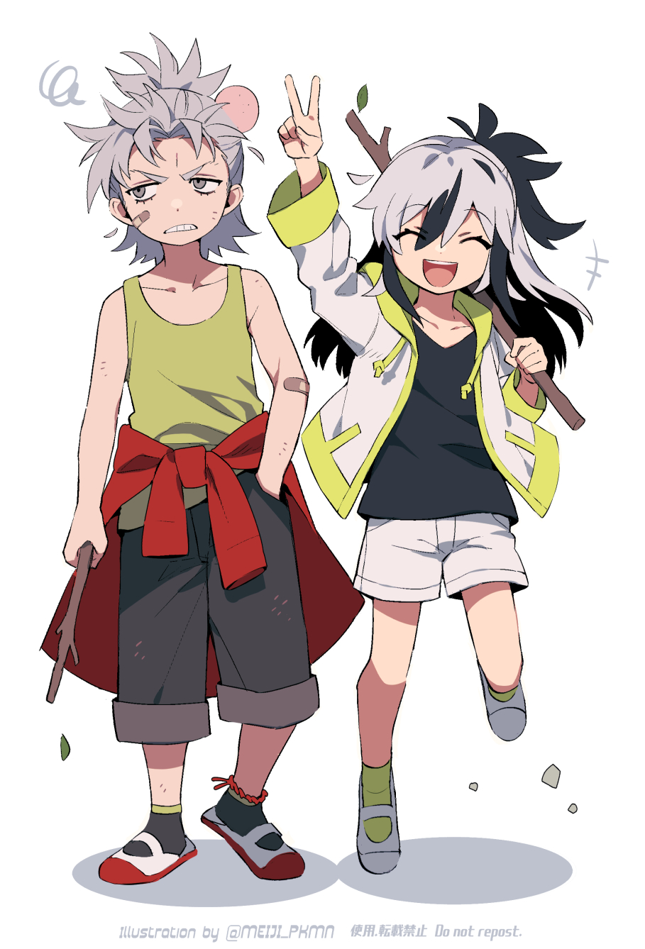 aged_down ankle_strap bandaid bandaid_on_arm bandaid_on_face black_hair black_shirt clothes_around_waist fate/grand_order fate_(series) green_tank_top grey_hair hair_pulled_back half_updo highres holding holding_stick jacket jacket_around_waist leaf long_hair meiji_ken multicolored_clothes multicolored_hair multicolored_jacket red_jacket shirt shoes shorts simple_background sleeveless smile stick takeda_shingen_(fate) tank_top two-tone_hair two-tone_jacket uesugi_kenshin_(second_ascension)_(fate) uwabaki v v-neck white_background white_hair white_jacket