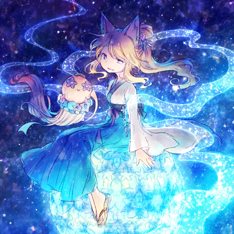 1girl animal_ears arms_at_sides black_sash blonde_hair blue_background blue_eyes blue_skirt braid breasts commentary_request creature dated_commentary floating_hair flower fox_ears french_braid full_body glowing_clothes hagoromo hair_bun hair_flower hair_ornament half_updo japanese_clothes long_skirt long_sleeves looking_at_viewer making-of_available obi orb original painttool_sai_(medium) parted_lips plantar_flexion ponytail purple_flower rakuni sash shawl sidelocks single_hair_bun sitting skirt small_breasts smile solo tanabata wide_sleeves wind zouri