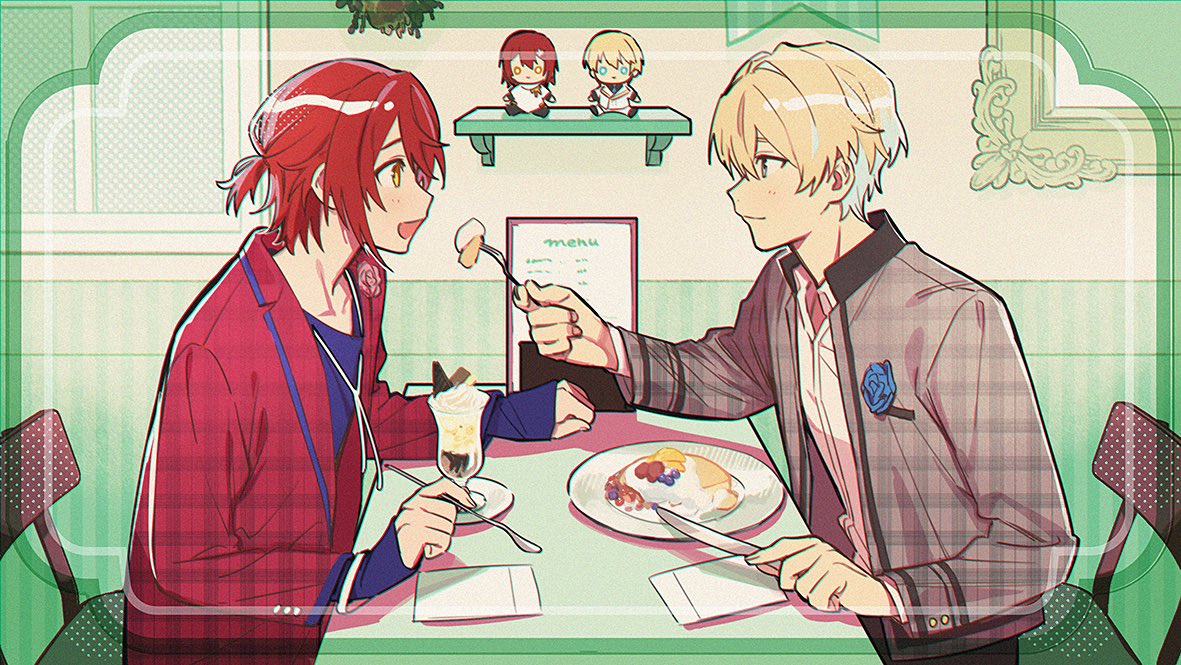 2boys :d blonde_hair blue_eyes blue_flower blue_rose blue_shirt blueberry boutonniere cafe chair character_doll chocolate closed_mouth collared_shirt cream eye_contact feeding flower food fork from_side fruit grey_jacket hair_between_eyes half_updo hanasaki_miyabi holding holding_fork holding_knife holding_spoon holostars indoors jacket kishido_temma knife lapels long_sleeves looking_at_another male_focus menu momose_(oqo) multiple_boys napkin notched_lapels official_alternate_costume open_clothes open_collar open_jacket pancake parfait picture_frame pink_flower pink_rose plaid plaid_jacket profile red_jacket redhead rose shelf shirt short_hair sleeves_past_wrists smile spoon strawberry table upper_body virtual_youtuber white_shirt window yellow_eyes
