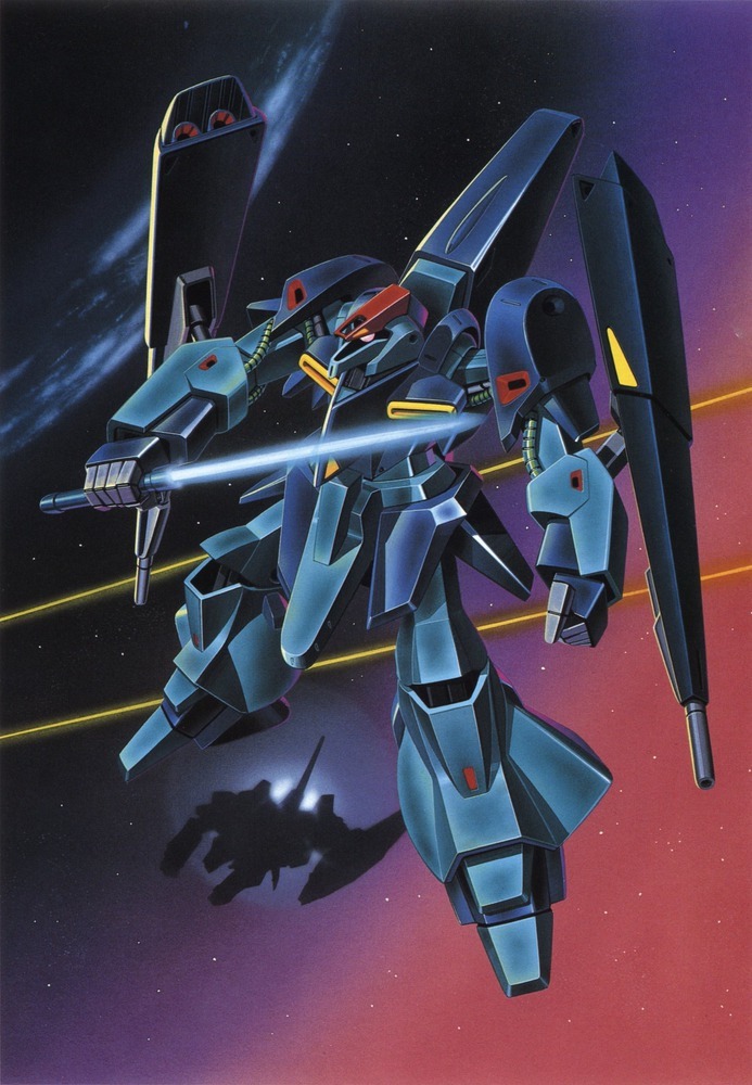 1980s_(style) arm_cannon battle beam_saber cable clouds dual_arm_cannons earth_(planet) energy_beam energy_cannon fleet gaplant gundam in_orbit machinery mecha mobile_suit no_humans official_art one-eyed ookawara_kunio planet production_art promotional_art retro_artstyle robot scan science_fiction shield spacecraft thrusters weapon zeta_gundam
