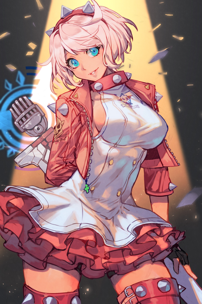 1girl blue_eyes collar elphelt_valentine guilty_gear guilty_gear_strive hairband hankuri jacket leather leather_jacket legs_apart microphone open_clothes open_jacket pink_jacket spiked_collar spiked_hairband spikes thighs white_hair wide_hips