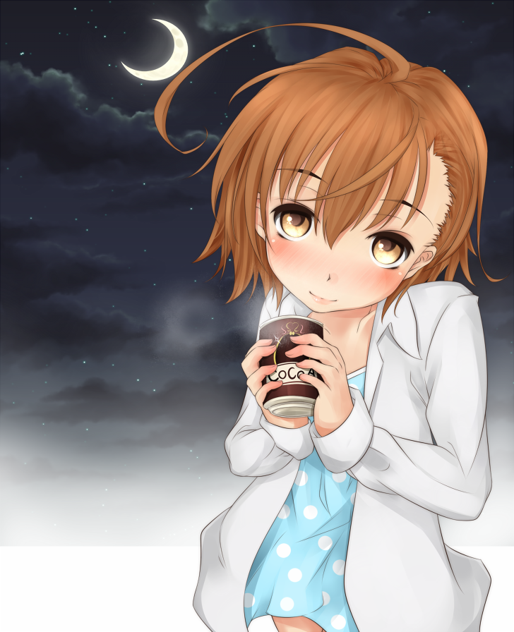1girl ahoge blue_dress blush brown_eyes brown_hair child closed_mouth clouds cloudy_sky commentary_request crescent_moon cup dress feet_out_of_frame hair_between_eyes hands_up head_tilt holding holding_cup last_order_(toaru_majutsu_no_index) long_sleeves looking_at_viewer medium_hair moon night night_sky open_clothes open_shirt outdoors oversized_clothes oversized_shirt polka_dot polka_dot_dress shin_(highest1192) shirt sky smile solo star_(sky) starry_sky steam toaru_majutsu_no_index white_shirt