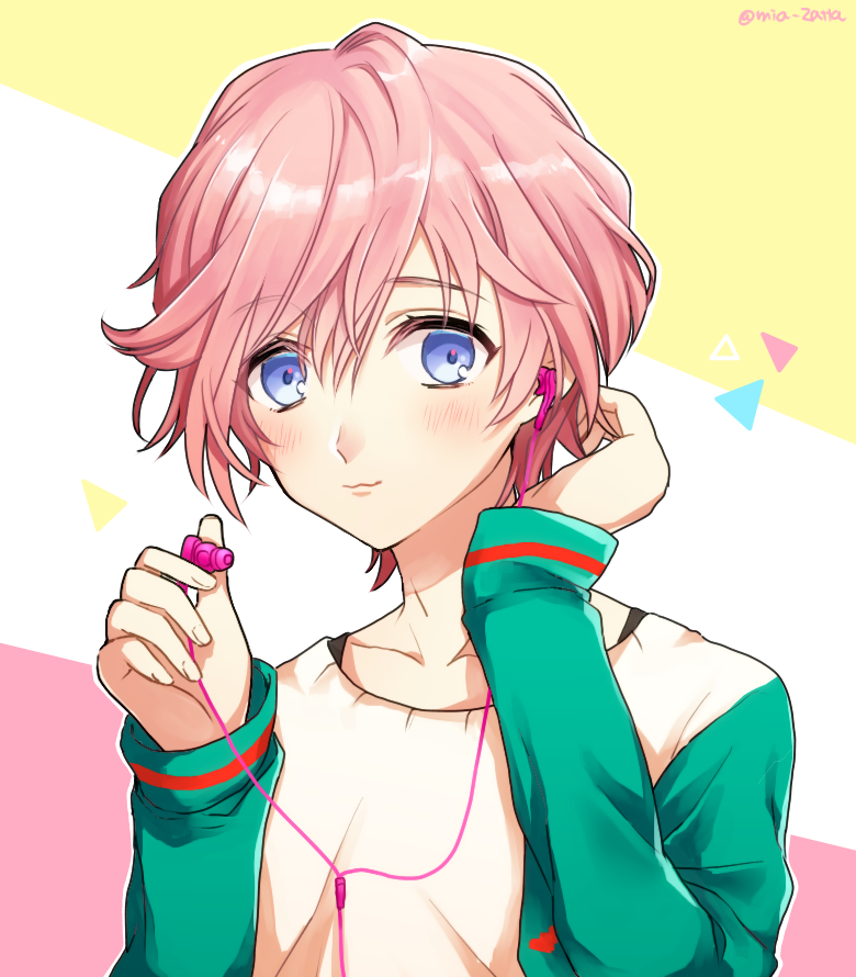 1boy a3! androgynous black_tank_top blush closed_mouth earphones earphones green_sleeves long_sleeves looking_at_viewer male_focus mia5512 multicolored_background pink_background pink_hair sakisaka_muku shirt short_hair solo tank_top violet_eyes white_background yellow_background yellow_shirt