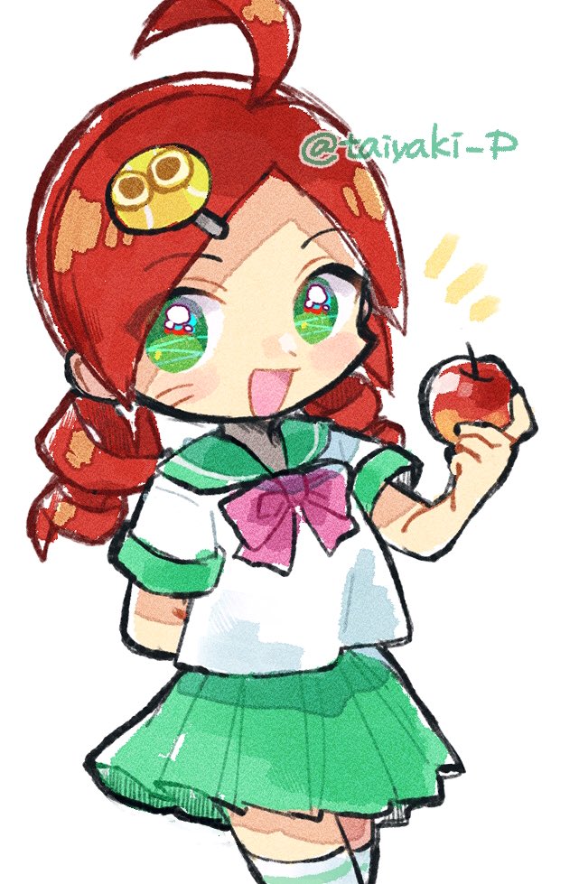1girl ahoge alternate_costume andou_ringo apple arm_behind_back bow commentary doradorakingyo drill_hair food fruit green_eyes green_sailor_collar holding holding_food holding_fruit looking_at_viewer name_connection object_namesake open_mouth pink_bow puyo_(puyopuyo) puyopuyo puyopuyo_7 red_apple redhead sailor_collar shirt simple_background solo symbol-only_commentary thigh-highs twin_drills twitter_username white_background white_shirt white_thighhighs