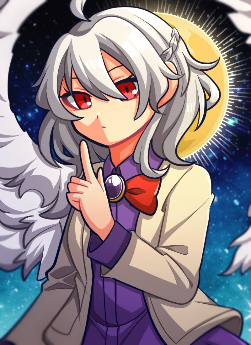 1girl 1jumangoku ahoge bow bowtie breasts brooch closed_mouth collared_dress commentary_request dress eyebrows_hidden_by_hair feathered_wings grey_hair hair_between_eyes hand_up index_finger_raised jacket jewelry kishin_sagume long_sleeves medium_hair night night_sky open_clothes open_jacket purple_brooch purple_dress red_bow red_bowtie red_eyes sagume_day single_wing sky small_breasts solo touhou white_wings wings yellow_jacket