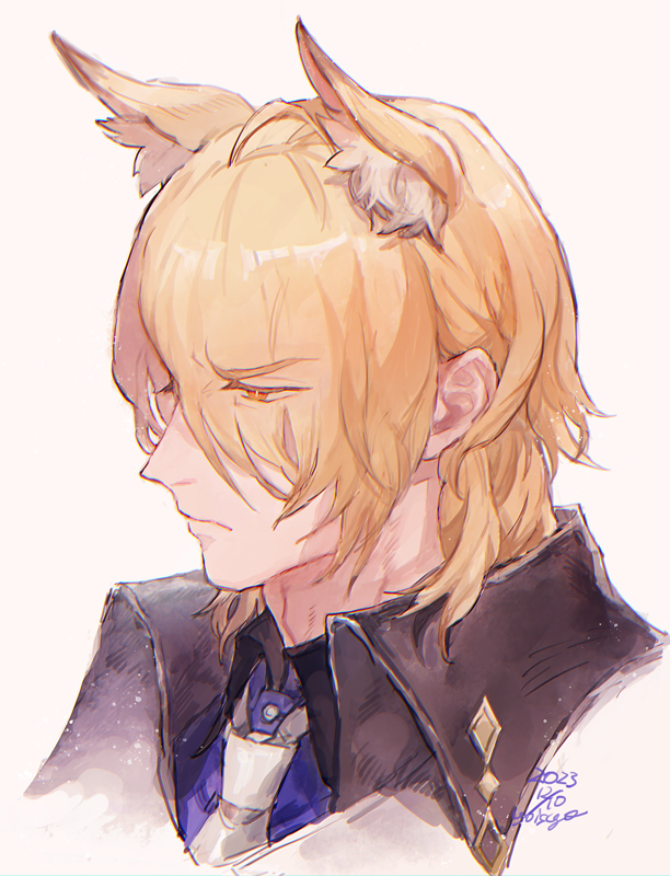 1boy animal_ear_fluff animal_ears arknights black_coat blonde_hair blue_shirt coat collared_shirt cropped_head dated eyes_visible_through_hair frown hair_over_one_eye horse_boy horse_ears looking_to_the_side male_focus mlynar_(arknights) necktie oisyox72 orange_eyes portrait shirt short_hair signature solo white_necktie